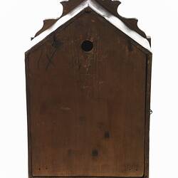 Wooden cuckoo clock, back view.