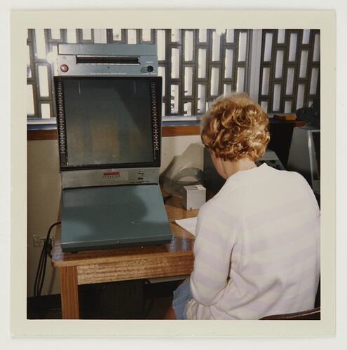 Slide 271, 'Extra Prints of Coburg Lecture', Worker Reviewing Mailing Addresses, Building 20, Kodak Factory, Coburg, circa 1960s