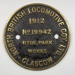 Locomotive Builders Plate - North British Locomotive Co., Glasgow, Scotland, 1912