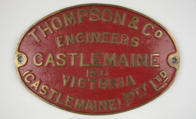 Locomotive Builders Plate - Thompson & Co., Engineers Castlemaine, 1916