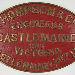 Locomotive Builders Plate - Thompson & Co. (Castlemaine) Pty Ltd, Castlemaine, Victoria, 1916