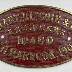 Locomotive Builders Plate - Grant, Ritchie & Co., Kilmarnock, Scotland, 1905