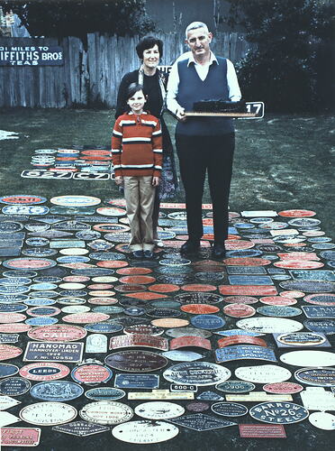 Transparency -  Gerald & Lorna Dee Surrounded by Locomotive Plates, circa 1986