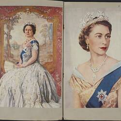 Double page of a scrapbook two colour images of Queen Elizabeth II.