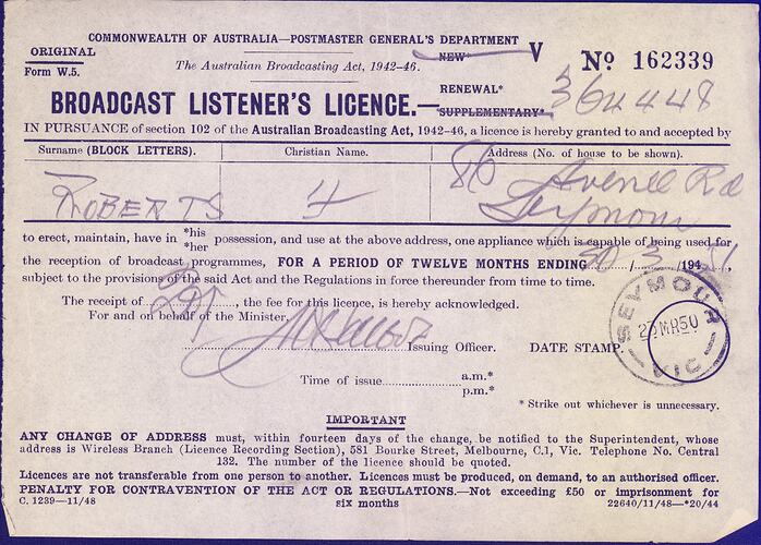 Broadcast Listener's Licence - Commonwealth of Australia, Postmaster General's Department, 23 Mar 1950