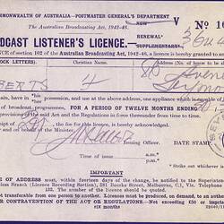 Broadcast Listener's Licence - Frederick & Amelia Roberts, Commonwealth of Australia, Postmaster General's Department, 23 Mar 1950