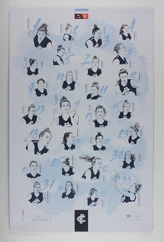 Poster with printed portrait sketches of female footballers in blue, white and navy.