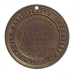Medal - Jubilee of Queen Victoria, Ipswich Municipality, Tasmania, Australia, 1887