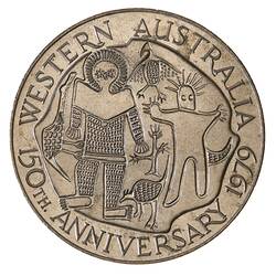 Round silver medal with two Aboriginal rock art figures. Text around.