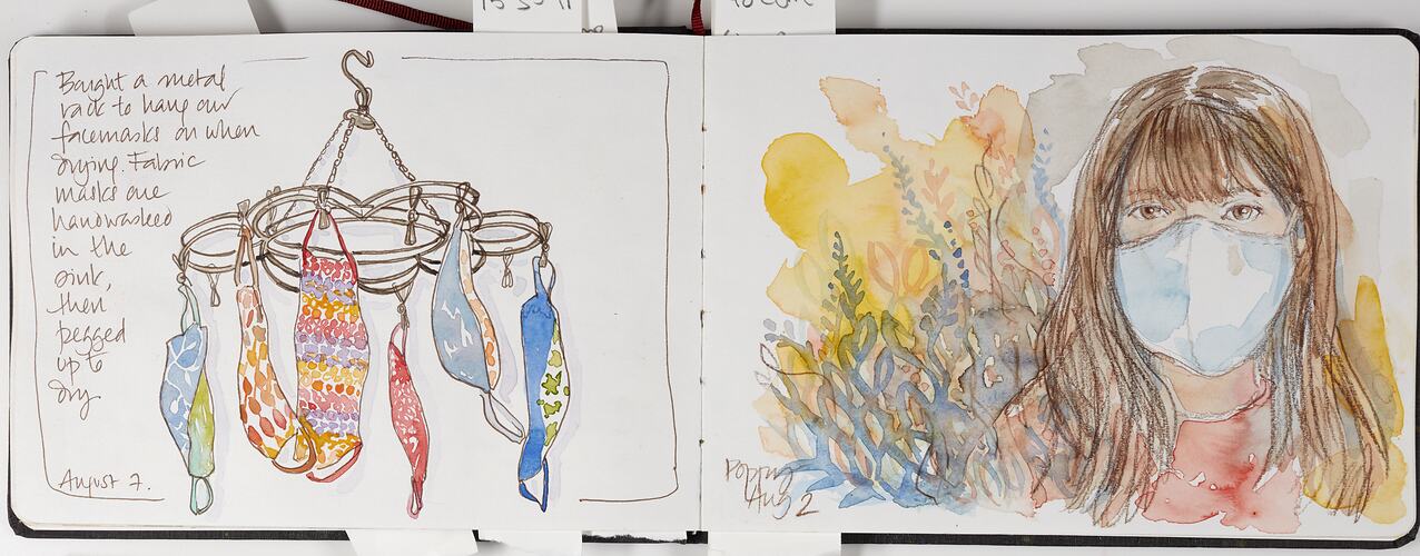 Sketches of Face Masks Drying & Wearing Mask, Barwon Heads, 3 Aug 2020