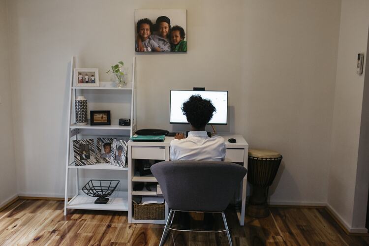 Kofi Aden at Home on Computer During COVID-19, Roxburgh Park, Victoria, 25 November 2020