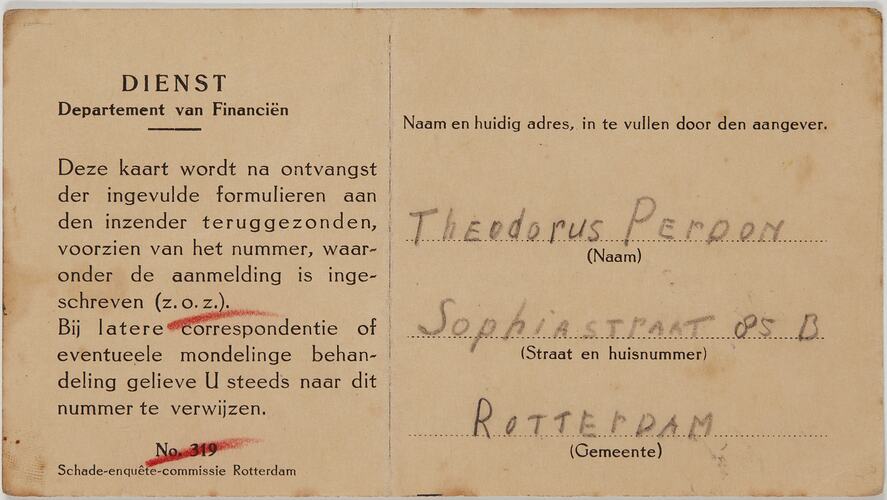 Card - Dept Of Finance, Damage Survey Committee To Theodorus Perdon, Rotterdam, The Netherlands, 1940s