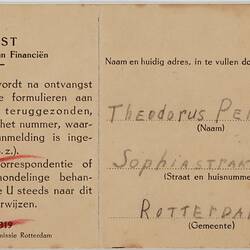 Card - Dept Of Finance, Damage Survey Committee To Theodorus Perdon, Rotterdam, The Netherlands, 1940s