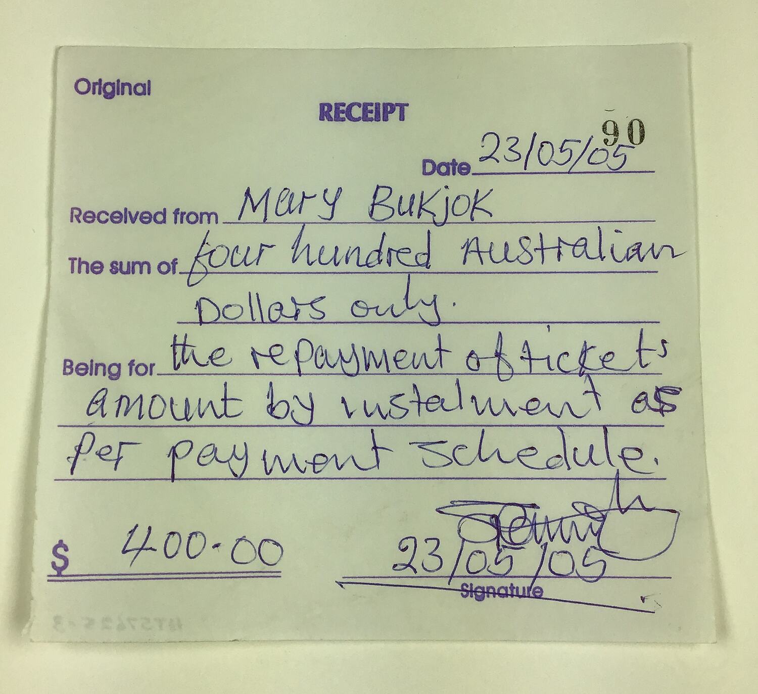 Loan Receipt - Airfare Repayments By Mary Jock Bukjock, 23 May 2005