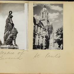 Two black and white photos on off-white page. Handwritten text in pencil. Features statue and domed cathedral.