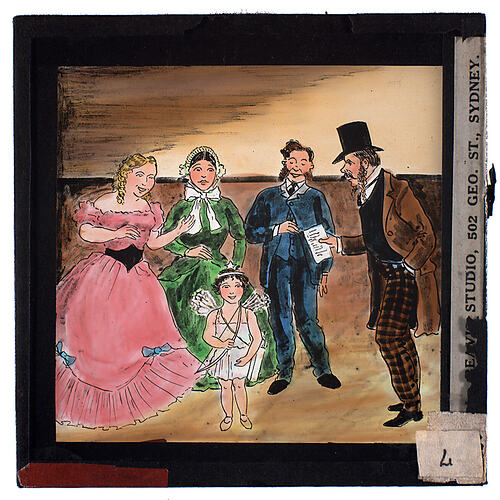 Lantern Slide - Universal Opportunity League, Four People with Cupid