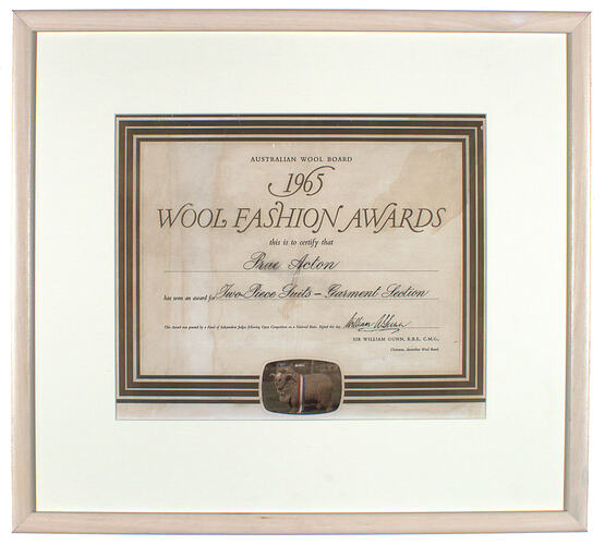 Framed Award - Australian Wool Board, 1965