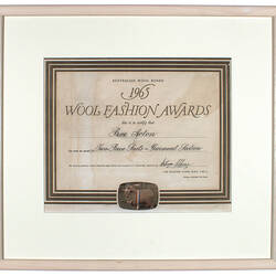 Certificate - Wool Fashion Awards, Australian Wool Board, Prue Acton, Framed, 1965