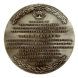 Medal - HMAS Sydney, Sinking of the Bartolomeo Colleoni, New South Wales, Australia, 1940