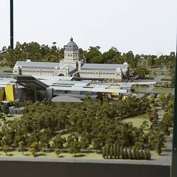Model of Melbourne Museum, Royal Exhibition Building and Carlton Gardens. View from north east.