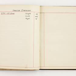 Open book with off white ruled pages and red margin lines. Handwritten text on left page.
