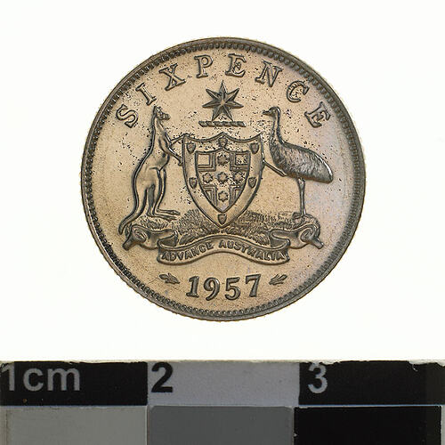 Proof Coin - Sixpence, Australia, 1957, photographed by Museums Victoria