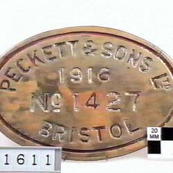 Locomotive Builders Plate - Peckett & Sons Ltd, Bristol, England, 1916