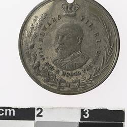 Round silver coloured medal with crown above profile of man, with text and wreath surrounding.