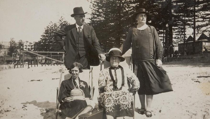 Digital Photograph - Adult Family Sitting at Beach on Deck Chairs, St Kilda, 1930-1939