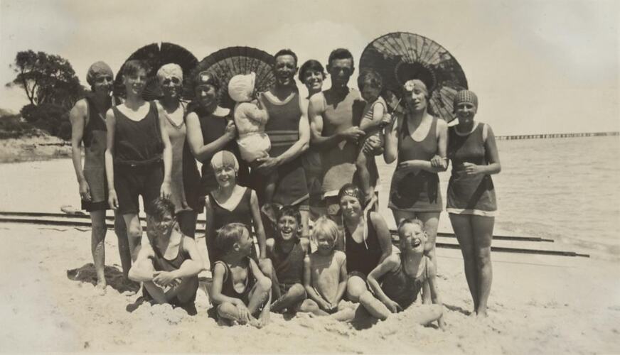 Digital Photograph - Family at Beach with Parasols, Dromana, 1927