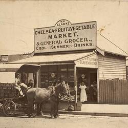 Digital Photograph - Staff & Family with Delivery Cart, Outside Grocery Store, Chelsea, 1920-1921