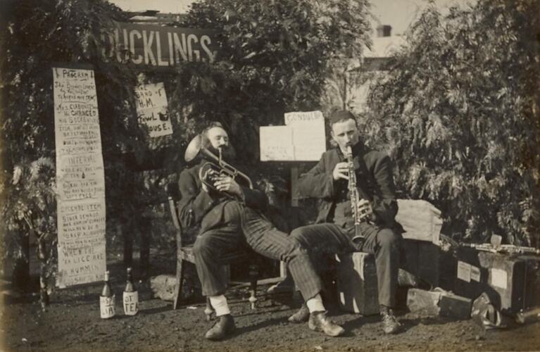 Digital Photograph - 'The Calithumpian Band', Two Men Pose with Clarinet & Euphonium, Backyard, Brunswick, circa 1913