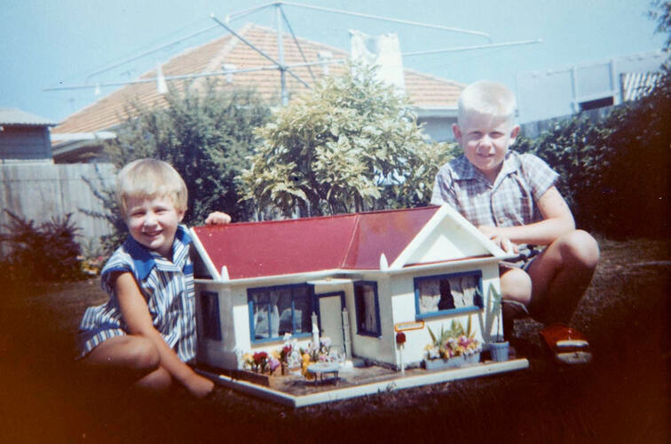 Digital Photograph - Boy & Girl with Homemade Dolls House, Backyard, Glenroy, 1962