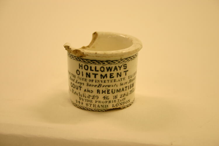 Ceramic jar which once contained Holloway's ointment.  Pharmaceutical.