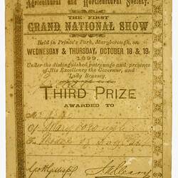 Certificate - Special Prize, Awarded by Maryborough Agricultural & Horticultural Society to Mr C Rolfe for Dog Cart Model, 18 & 19 Oct 1899