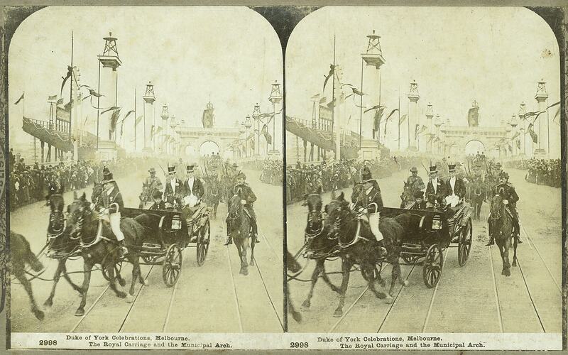 Side by side double image of grand horse drawn carriage in procession. Crowd watch on, arch behind.
