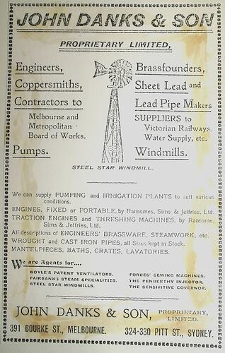 Advertisement for Steel Star Windmill with text and pictures.