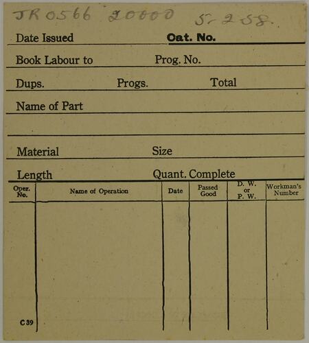 Form - Massey Ferguson, Operation Check Sheet, 1958