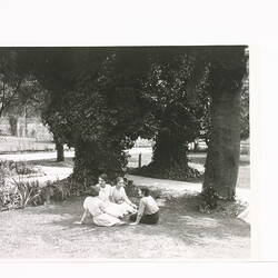 Photograph - Four Female Staff Sitting in the Gardens, Kodak Factory, Abbotsford, early 1940s