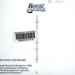 Postcard - Sketch of the Royal Exhibition Building & Centenary Celebrations, Honey Clarke, Melbourne, 1980 (Reverse)