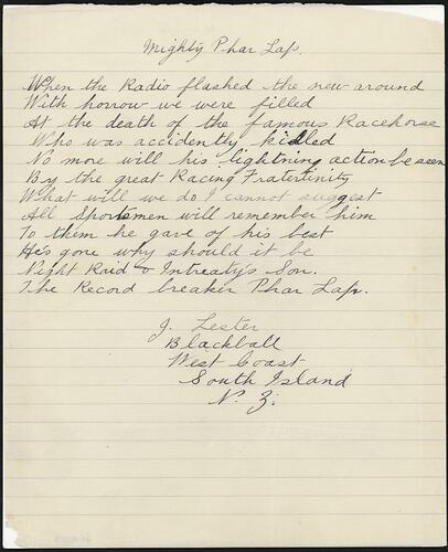 A poem written on cream lined paper