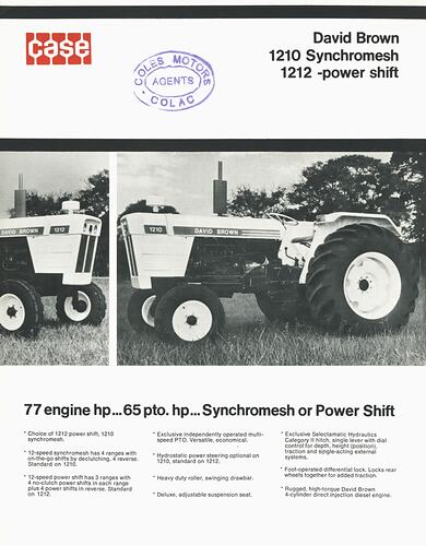 Technical Data - David Brown, 1210 Synchromesh & 1212 Power Shift Tractors, circa 1979