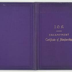Purple certificate cover with gold writing.