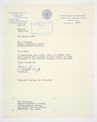 Letter - Education Department to Lili Sigalas, 26 Oct 1970