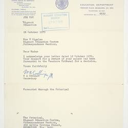 Letter - Education Department to Lili Sigalas, Request for Salary Review, 26 Oct 1970