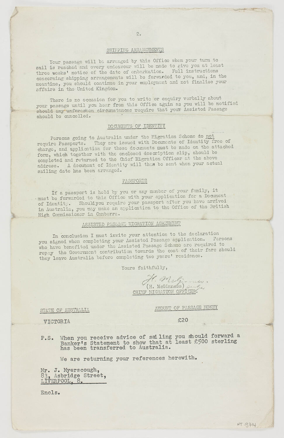 Letter - Settlement Application Approval, Myerscough,1963