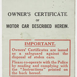 Owner's Certificate - Motor Car, Issued by Government of Victoria, 1947