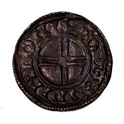 Coin, round, at centre within circle, short cross voided; text around.