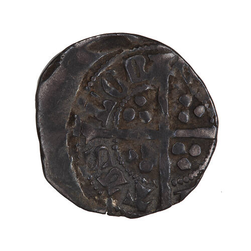 Coin, round, long cross with three beads in the angles; around outside a circle of beads, [CIVI] TAS LON [DON.