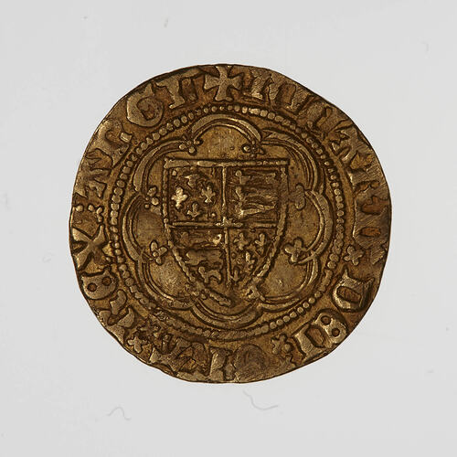 Coin, round, shield quartered with the arms of England and France; text around, + RICARD DEI GRA REX ANGL.